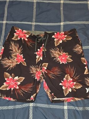 Hurley Black Swim Shorts with Pink  Floral & Brown Leaf Print